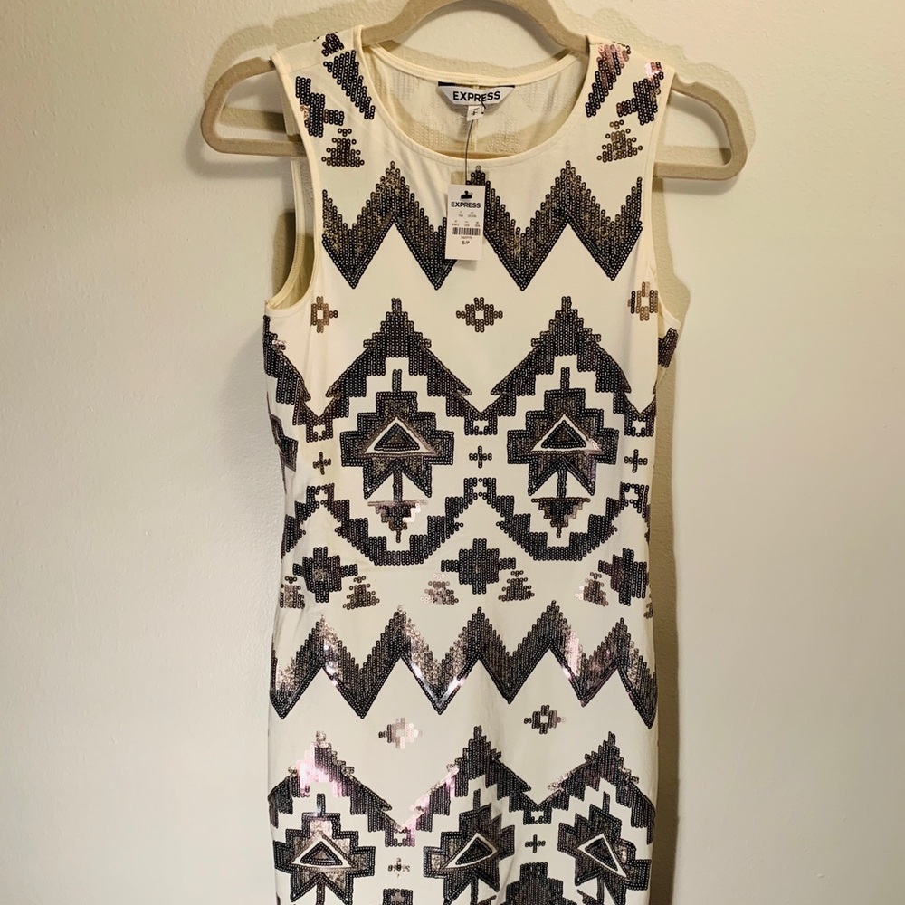 Express Ivory Aztec Silver/ Cooper Sequin Dress - Picture 7 of 7
